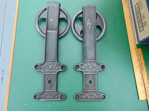 2 LG Original Antique Victorian MEDINA #6 CAST IRON BARN DOOR ROLLERS Cover