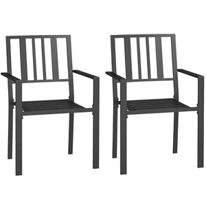 2 pcs Stackable Outdoor Garden Chairs with Metal Slatted Design For Dining Black - Picture 1 of 6