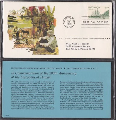 USA 1978 2 FIRST DAY COVERS 200th ANNIV OF CPT COOK'S VOYAGE + CARD + CACHET - Image 1 of 2