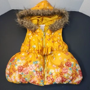 Little Lass gefütterte Weste Mädchen 2T gelb Blumen gesteppt Fell Kapuze Reißverschluss Weste - Bild 1 von 7