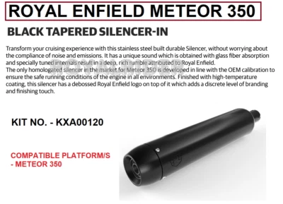100% GENUINE Fits Royal Enfield METEOR 350 "BLACK TAPERED SILENCER" - Image 1 of 4