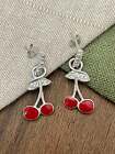 Cute Red Enamel Cherry Popping Earrings Solid Sterling 925 Silver Studs