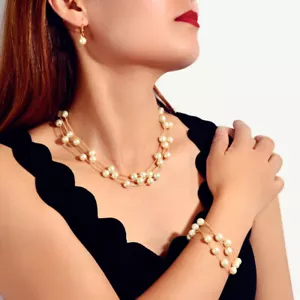 Jewellery set Pearl Decor Gold Multi-layer Chain Necklace Bracelet Drop Earrings - Picture 1 of 11