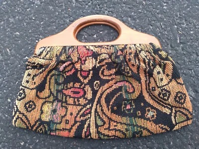 Vintage Embroidered Purse Wooden Handles Orange Black Flowers Swirls - Image 1 of 4