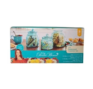 The Pioneer Woman Canister Set Embossed Cassie Teal 3-Pieces Kitchen Storage NEW - Picture 1 of 8