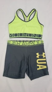 Under Armour Womens Sz Medium Lime Green Gray Sports Bra Compression Shorts Set - Picture 1 of 4