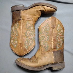 Old West Youth 030 Tan Green Square Toe Cowboy Boots BSC1821 Kids Boys 1821 - Picture 1 of 13