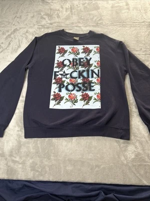 Obey 卫衣女式 XL 黑色花卉标志圆领羊毛套衫 — 第 1/4 张图片