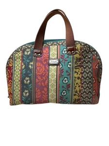 FOSSIL PatchworkStripe Fabric Purse Bag Jewelry Makeup Toiletry Travel Floral - Picture 1 of 9