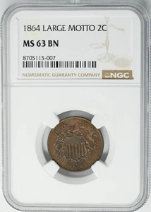 1864 Two Cent 2C Large Motto MS63 NGC 950077-6 - Picture 1 of 3