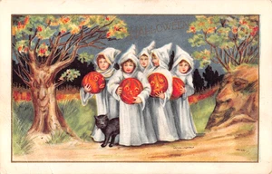 um 1915? Mädchen Geister mit Jack O' Laternen schwarze Katze Halloween Postkarte Whitney - Bild 1 von 2