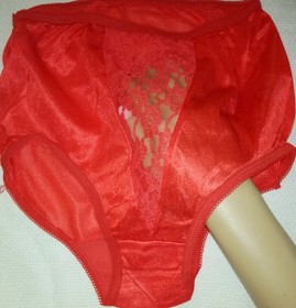 VINTAGE FLAMING RED SHEER NYLON WITH V-LACE  FRONT SISSY PANTY 7