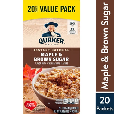 Avena instantánea con sabor a arce y azúcar morena Quaker, 1,51 oz 20 paquetes Foto 1 de 4