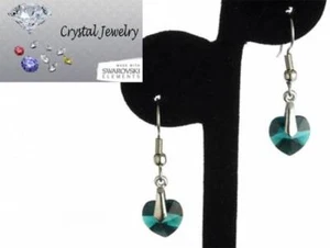 Orecchino Verde Cuore Cristallo Pendente Oro Bianco Swarovski Pietre USA Nuovo - Foto 1 di 9