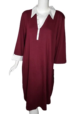 KAREN SCOTT Merlot Wine Knit Jersey White Collar Trim Shirt Dress sz 3X NWT - Image 1 of 3