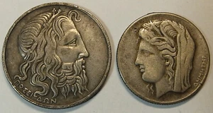 Greece Greek 1930 20 & 10 Drachma God Poseidon & Demeter Silver Set Nice !! - Picture 1 of 4