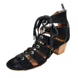 Lucky Brand Genevie Heels 7 M Black Suede Lace Up Zip Back Cutout Stacked Chunky - Picture 1 of 13