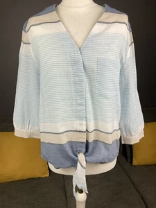 PHASE EIGHT Blouse Shirt Top Blue White Beige Stripe Tie Front Pocket Uk 12 #A - Picture 1 of 12