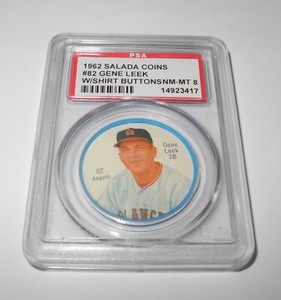 1962 Salada Baseball Coin Pin #82 Gene Leek Angels PSA 8 NM-MT WHITE BUTTONS