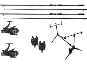 2 Shakespeare Firebird Carp Rods Reels Carp Fishing Set Up Kit Alarms Pod - Picture 1 of 3