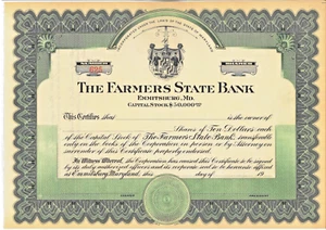 Certificado de acciones de The Farmers State Bank Maryland - Imagen 1 de 1