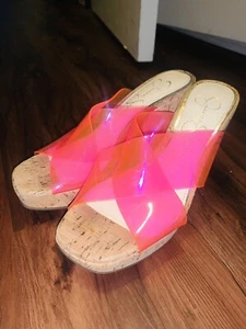 Jessica Simpson Size 5.5 Pink Transparent Strappy Cork Wedges / Heels - Picture 1 of 3
