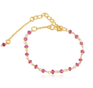 18k Gold Beads Chain Bracelet 3 mm Red Ball Aventurine Adjustable Brass Bracelet - Picture 1 of 2