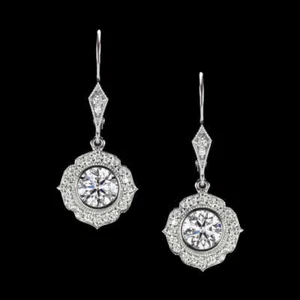 1.22ctw LAB CREATED DIAMOND DANGLE EARRINGS VINTAGE STYLE HALO DROP SCALLOPED - Picture 1 of 2