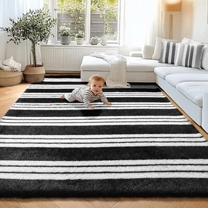 Alfombras KICMOR para sala de estar, alfombra mullida blanca y negra suave 5x8 grande - Imagen 1 de 9