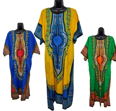 New Womens 100% COTTON Long Kaftan Dress Summer Dashiki African Print One Size  - Image 1 of 4