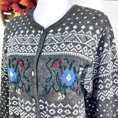 Vintage 80s Fair Isle Sweater Tally Ho Women’s Cardigan Button Front Gray Size S - Image 1 of 4