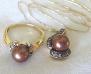 14K Yellow Gold Chocolate Pearl Diamond Ring Necklace Set - 5.93 gms, 0.28 ctw - Picture 1 of 16