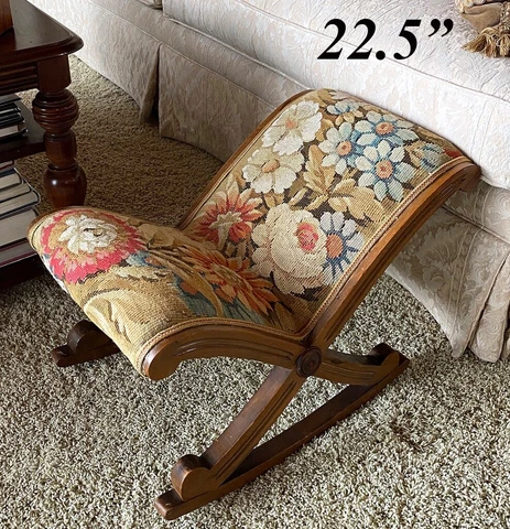 Antique French Aubusson Tapestry Bench or Foot Stool, X-Form Rocker Recliner Cover