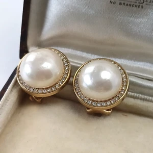 1980s Christian Dior Large Gold Tone Faux Pearl & Diamond Paste Clip on Earrings - Picture 1 of 8