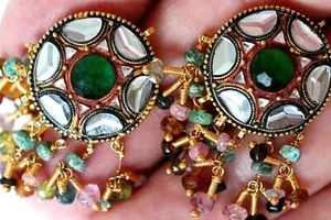 Rare Gold, Mirror, Emerald & Ruby Sterling Silver Earrings - Handcrafted Eleganc - Picture 1 of 5