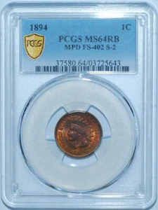 1894 PCGS MS64RB Red and Brown FS-402 S-2 MPD Misplaced Date Indian Cent - Picture 1 of 3
