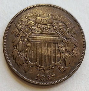 1867 TWO CENT PIECE-FULL MOTTO & Crisp Details- VF Condition, Nice Brown Toning - Picture 1 of 5