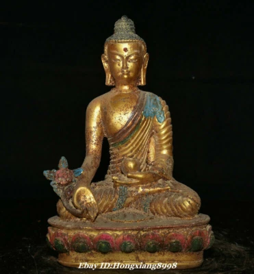 Estatua de dios médico de Buda de medicina Menla dorado jade antiguo budismo chino de 7,4" Foto 1 de 4