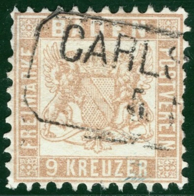 Germany States BADEN Classic Stamp Scott.23 9kr Bistre Used Cat $90+ OGREEN143 - Image 1 of 4