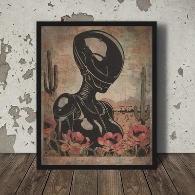 Vintage ALIEN ROBOT Wall Art, Sci-fi Cactus Flower Decor, UFO Botanical Poster - Image 1 of 4