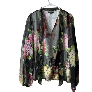 Lauren Ralph Lauren Black Dark Floral Lined Long Sleeve Blouse Plus Size XXL NWT - Picture 1 of 6