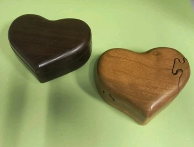 Lot Of 2 Signed John Pollock Wood Heart Shaped Trinket Puzzle Box w. Papers - Image 1 of 4
