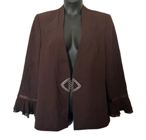 Elegant Brown Open-Front Blazer With Rhinestone Clasp & Flared Sleeves - Picture 1 of 11