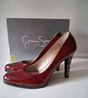 Jessica Simpson Rojo Escarlata Charol 9 Zapato Tortuga Tacón Alto Leopardo Foto 1 de 4