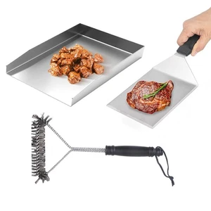 For BBQ Grill Stainless Steel Plate with Brush and Spatula for Outdoor Use - Picture 1 of 6