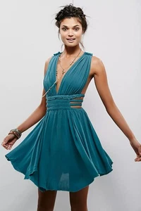 Free People Teal Feel The Flava Cut Outs Boho Hippie Deep V Minikleid Gr. S - Bild 1 von 6