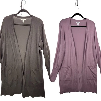 Lote de 2- Nine West Open Front XXL Longline Cardigã Suéteres- Preto e Lilás - Imagem 1 de 4