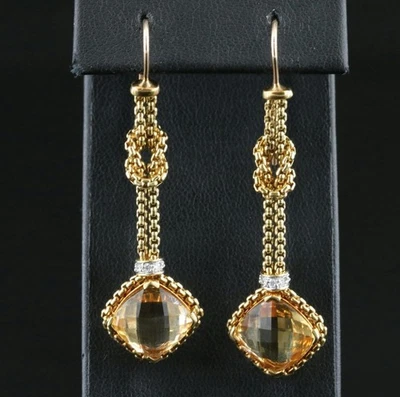 Pendientes colgantes de diamantes y citrino de oro amarillo de 18 k con cojín David Yurman Foto 1 de 4
