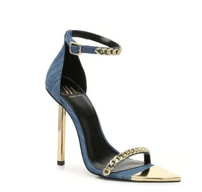 Jlo Jennifer Lopez Binnie 高跟鞋牛仔凉鞋金色链条口音 7 踝带 — 第 1/4 张图片