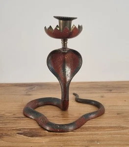 Vintage Indian Blue & Red Enamel Brass Cobra Snake Candlestick, Candle Holder - Picture 1 of 9